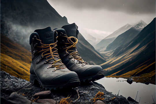 Comfortable hiking boots stand on a rock against backdrop of rainy day in mountain - AI generated image