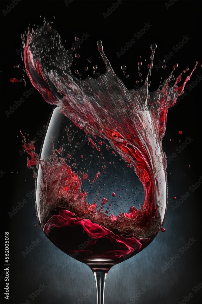 Poster a glass of wine with a splash of water on it and a black background with a red liquid in the glass a
