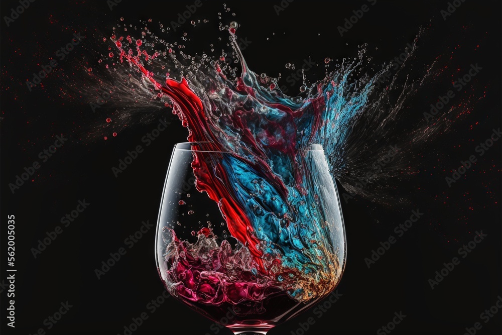 Poster a wine glass with a splash of liquid in it on a black background with a red and blue liquid in the g