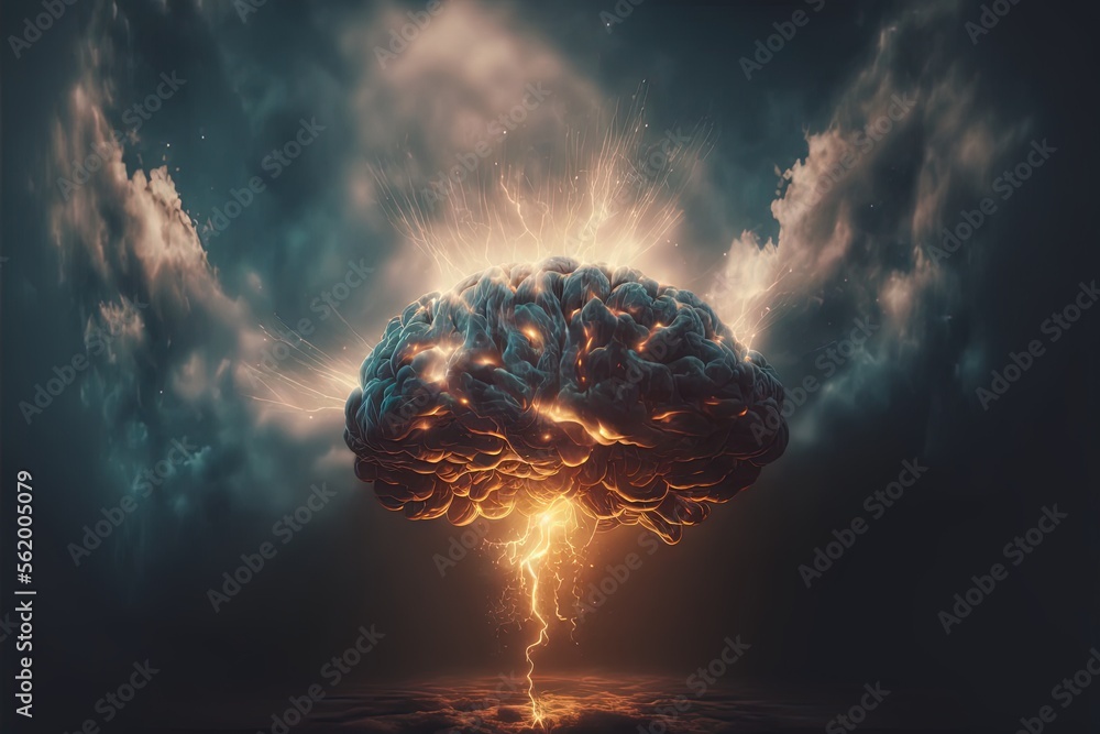 Poster a brain with a lightning bolt coming out of it's center surrounded by clouds and lightnings in the s