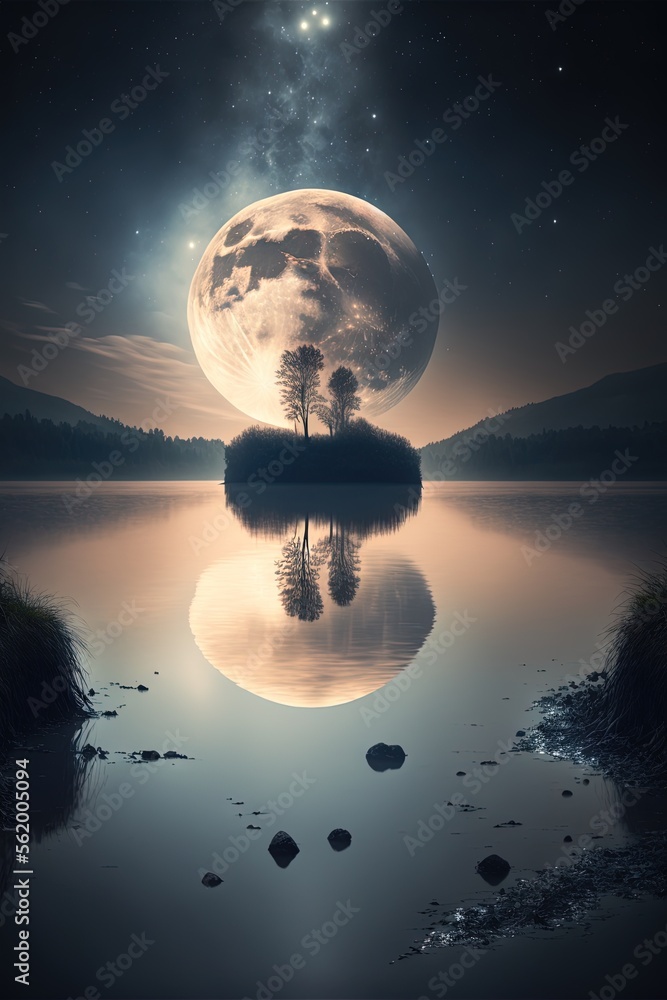 Poster a full moon is reflected in a still lake at night with a tree in the foreground and a distant star i