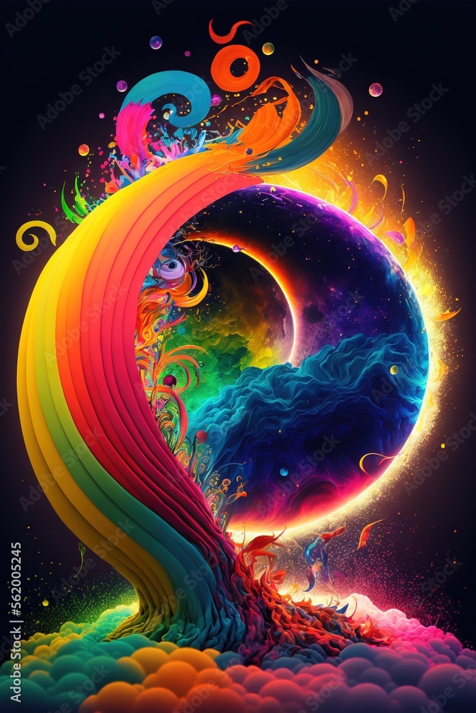 Poster a colorful abstract painting with a rainbow swirl and a black background with a black background and