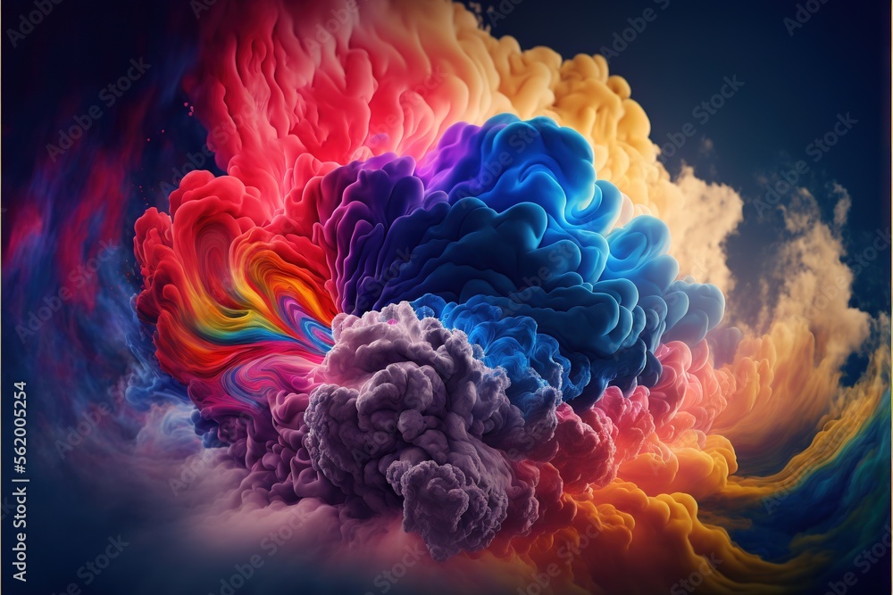 Poster  a colorful cloud of smoke floating in the air with a blue sky background and clouds in the background with a rainbow hued cloud in the center of the sky and bottom of the image. generative ai