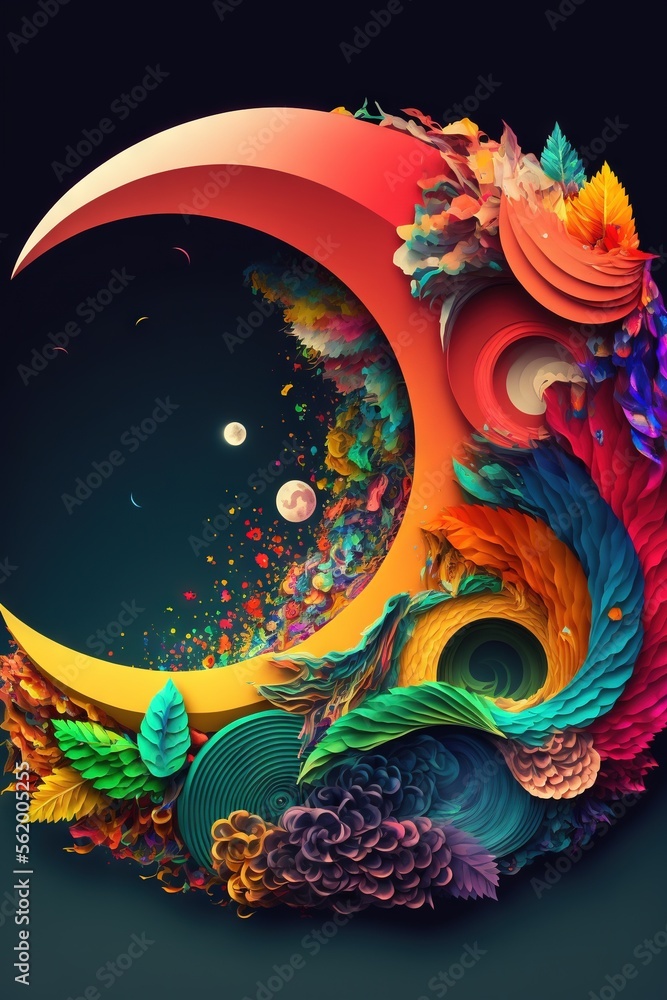 Poster a colorful abstract artwork with a crescent and a moon in the middle of it, with a black background 