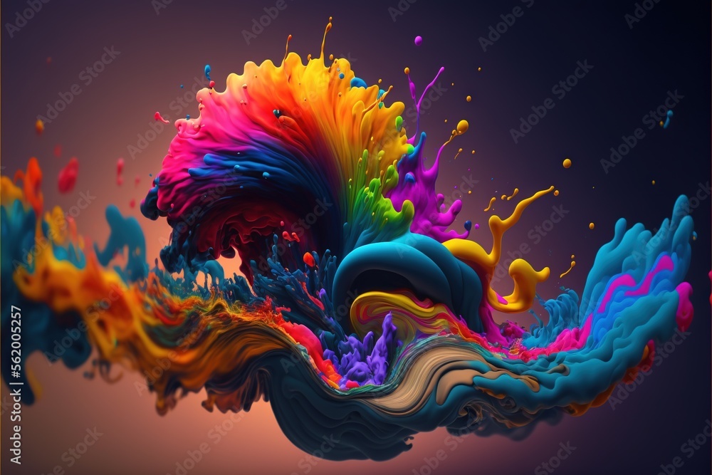 Poster a colorful abstract painting with a black background and a blue sky in the background with a rainbow
