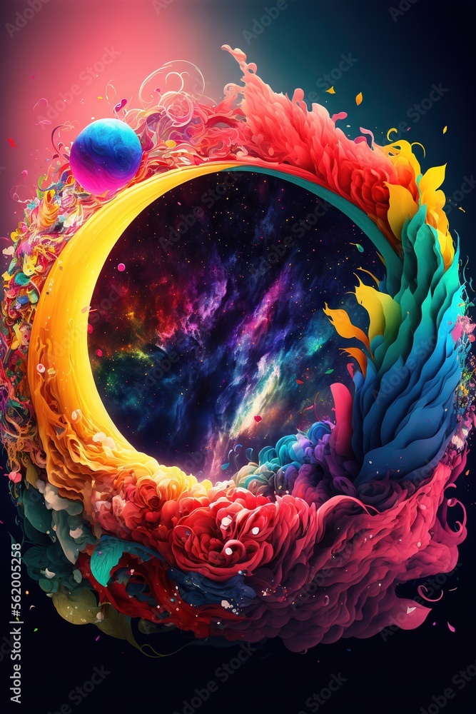 Poster a colorful painting of a crescent with a flower on it and a planet in the background with a colorful