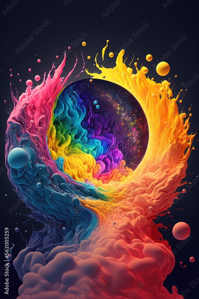 Poster a colorful painting with a rainbow swirl and a black background with a black background and a white 