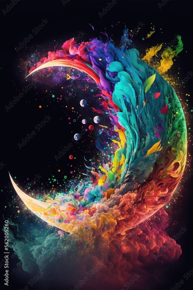 Poster a colorful painting of a crescent with a black background and a black background with a white circle