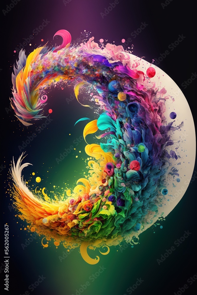 Poster a colorful letter made of paint and splatters on a black background with a white circle in the middl