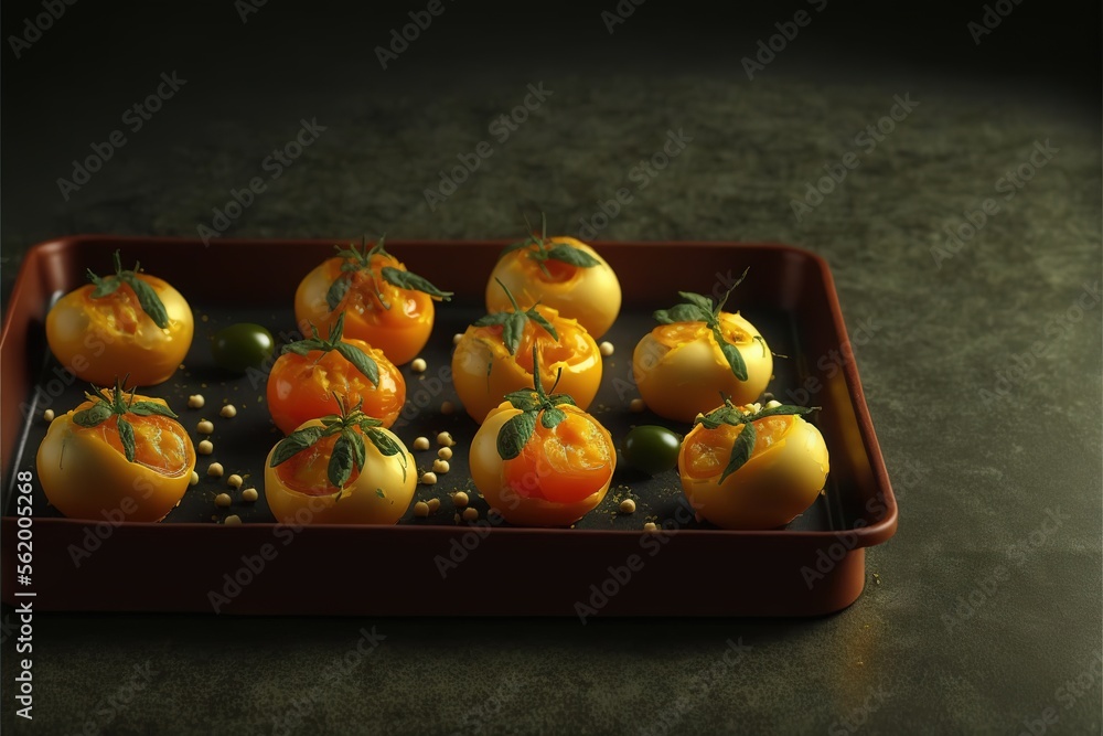 Poster a tray of tomatoes with green olives and tomatoes on them on a table top with a black background and