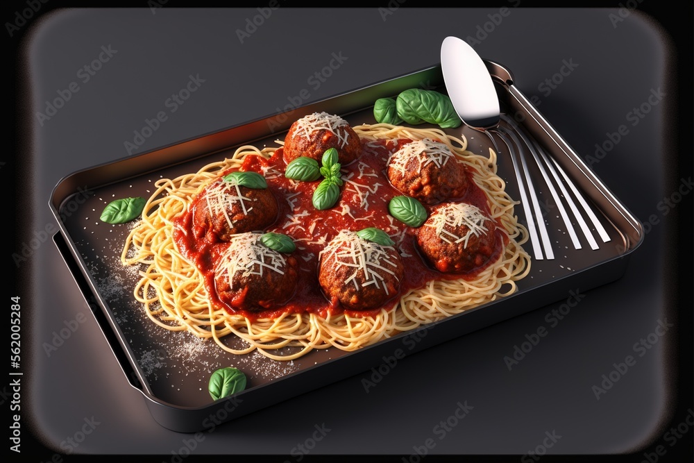 Poster a tray of spaghetti with meatballs and basil on top of it with a fork and knife next to it and a for