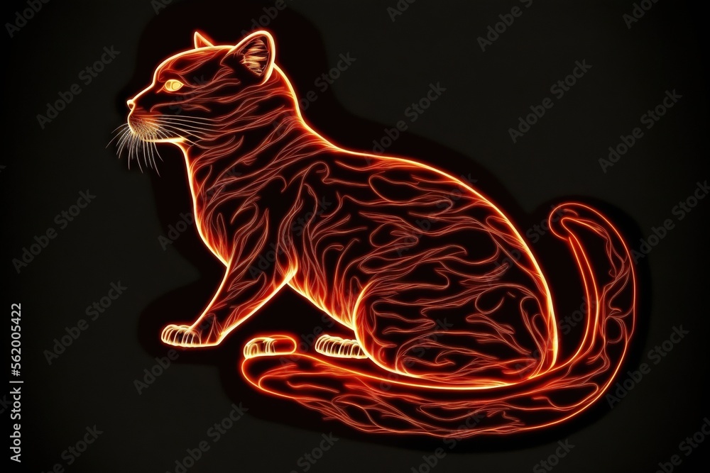 Aufkleber a cat sitting on a black background with a red glow on it's body and tail, with a black background b