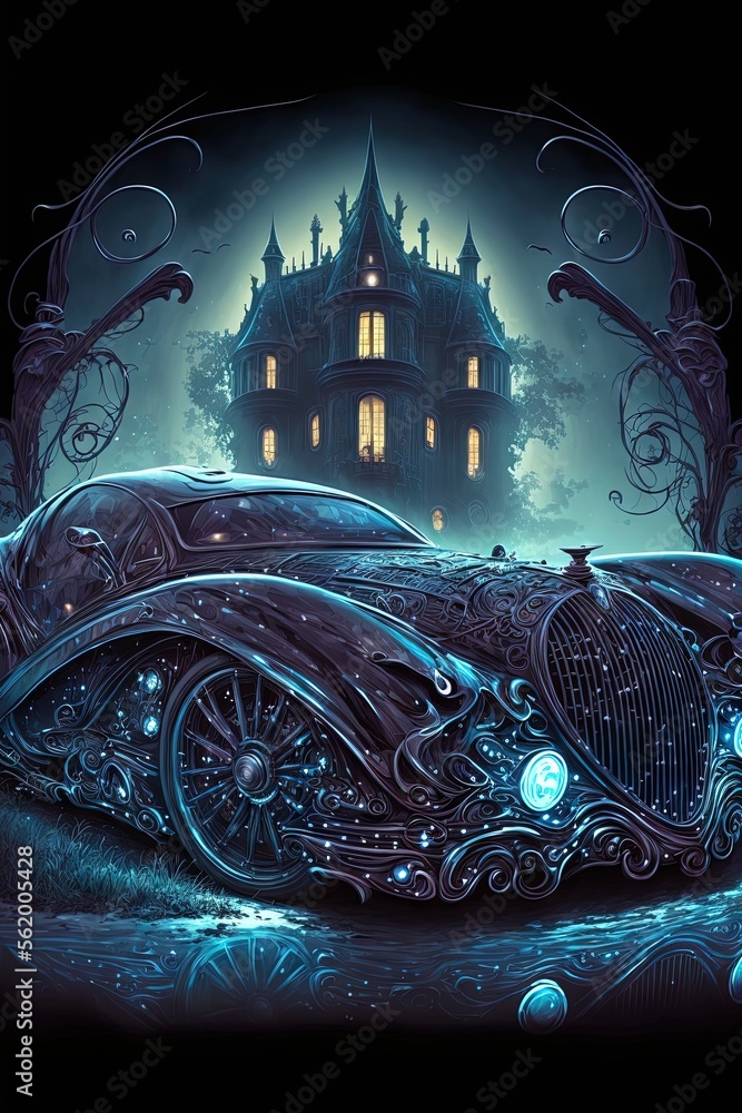 Poster a car is parked in front of a house with a creepy castle in the background at night time with a full