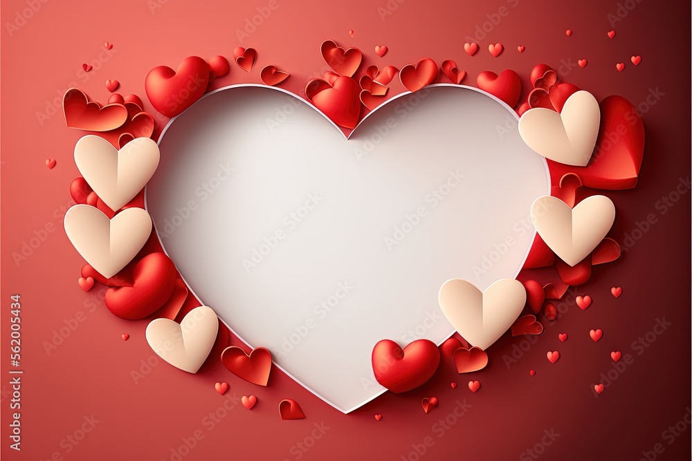 Poster a heart shaped frame with many hearts around it on a red background with a white center and a white 