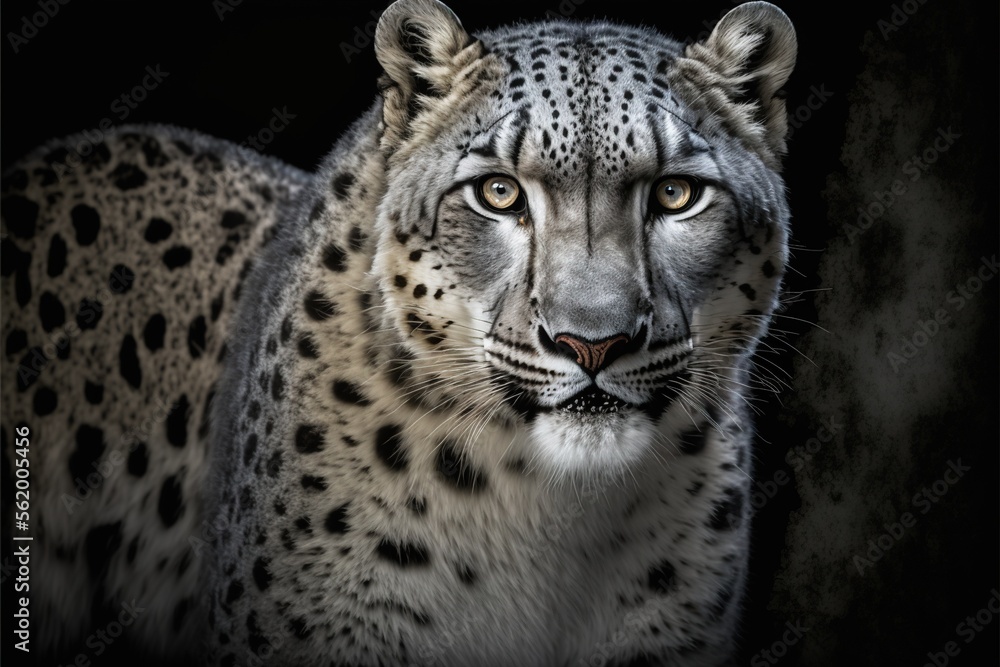 Poster a snow leopard staring at the camera with a black background and a spot light on its face and head, 