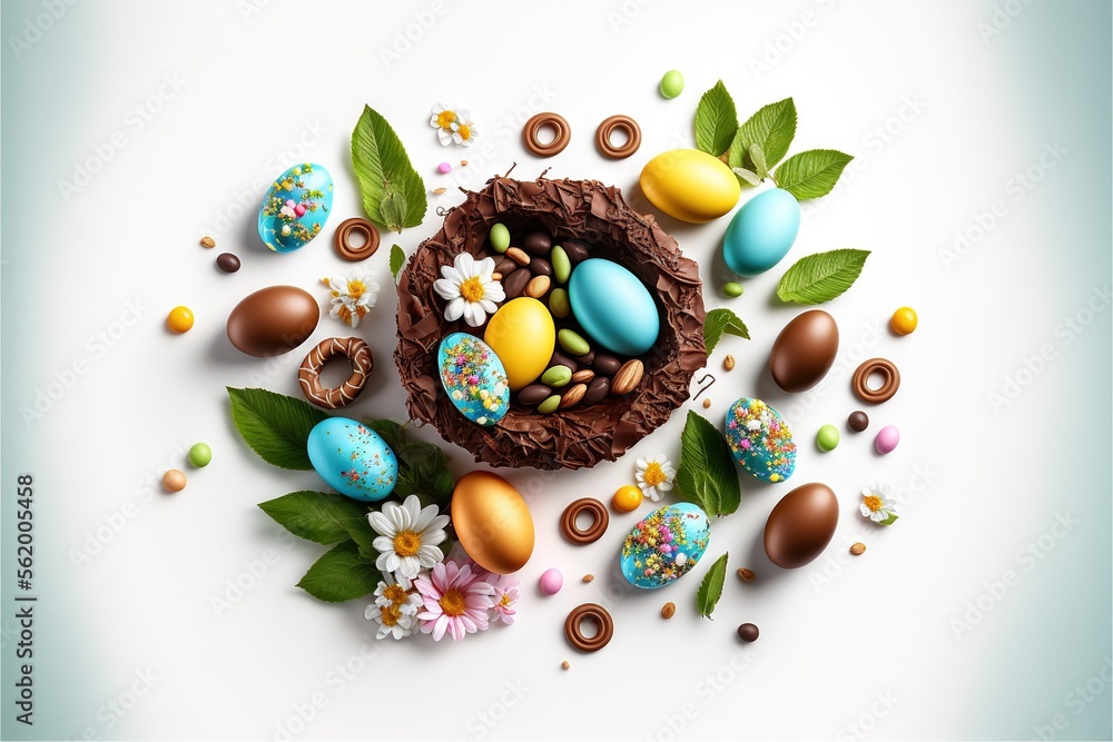 Aufkleber a chocolate nest with eggs and flowers on a white background with leaves and flowers around it and c