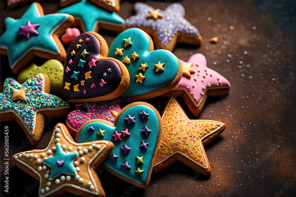 Poster a table topped with lots of decorated cookies on top of a table top next to a pile of cookies on top
