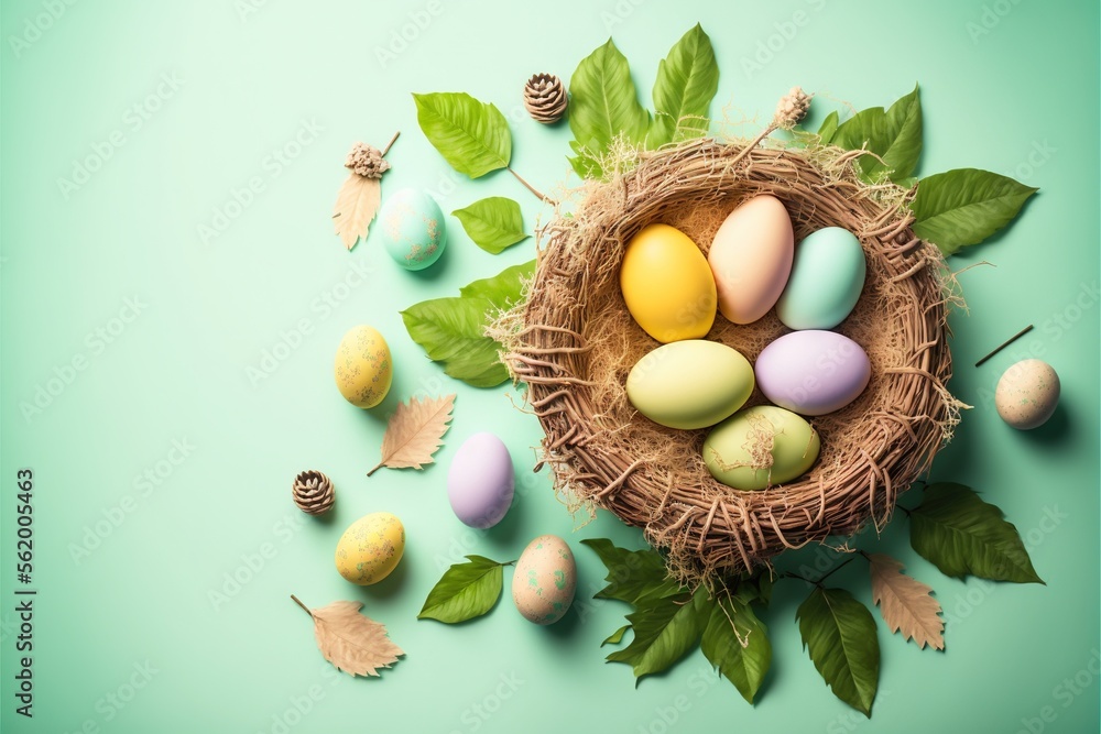 Poster a nest with eggs and leaves on a blue background with pine cones and cones on the side of the nest i