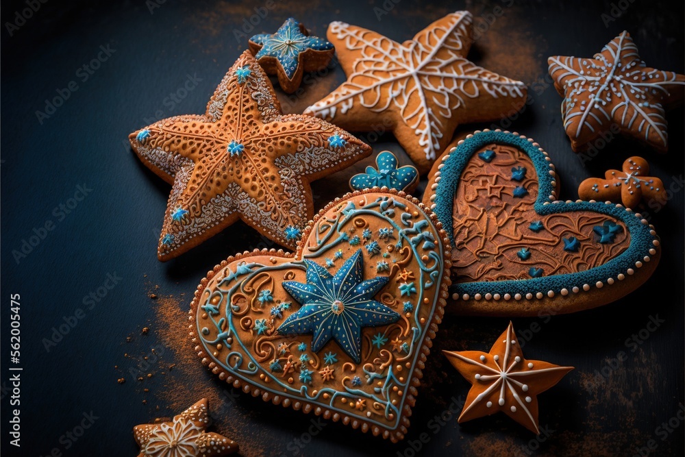 Poster  a group of cookies that are on a table together with decorations on them and a star on top of one of them and a heart on the other one of them, and a star. generative ai