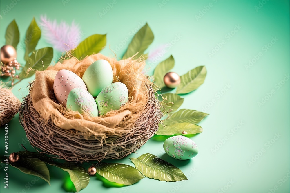 Poster a bird nest with eggs and feathers on a green background with leaves and ornaments around it, with a