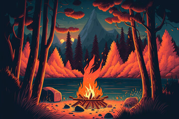 A beautiful campfire in the forest during the day. A high fire burns in a campsite by the river in beautiful nature. Generative AI