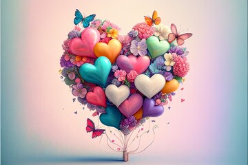 Love heart with balloons, flowers and butterflies, generative ai - obrazy, fototapety, plakaty