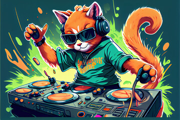 ginger cat dj playing loud music to a crowd, generative ai