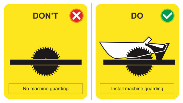 Workplace safety do's and dont's vector illustration. Moving and rotation parts of machine without guarding. Safeguards to protect operators and other employees. Table saw machine.