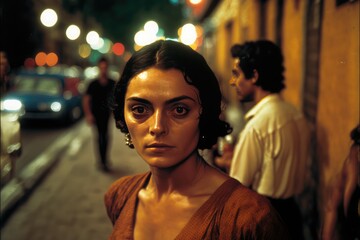 Obraz premium young woman in Mexico City street at night looking at the camera . This image was created with generative AI