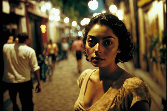 young woman in Mexico City street at night looking at the camera . This image was created with generative AI