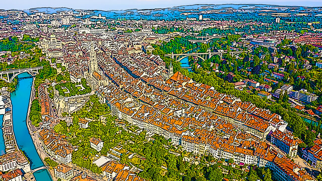 Bern, Switzerland. Historic city center. Bright cartoon style illustration. Aerial view