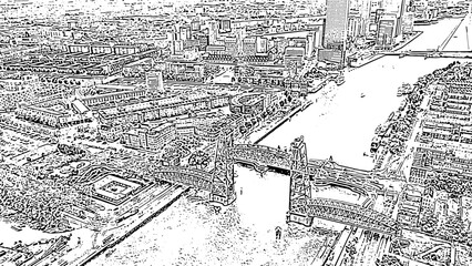 Rotterdam, Netherlands. De Hef Drawbridge and Koninginnebrug Bridge. Doodle sketch style. Aerial view