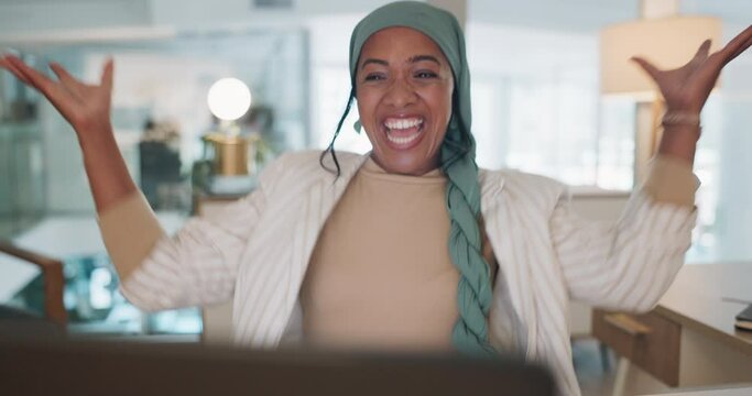 Business, success and rewind of muslim woman on laptop for celebration of sales target, winner or trading deal. Happy hijab worker, computer or celebrate goals, throwing paper or motivation of profit