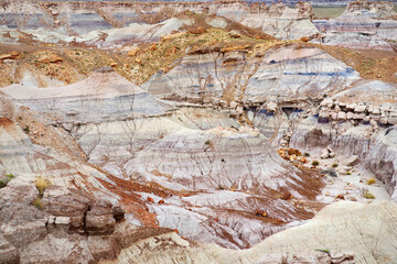 Striped purple sandstone formations of Blue Mesa badlands in Petrified Forest National Park, Arizona, USA.