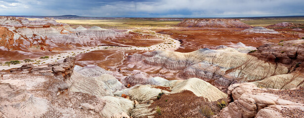 Striped purple sandstone formations of Blue Mesa badlands in Petrified Forest National Park,...