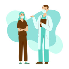 Vector illustration doctor in a protective mask talk with a nurse in a protective mask. Abstract background of blue spots. Flat design