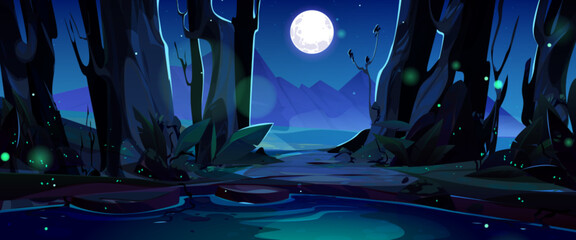 Mountain night valley scene with lake under full moon, glowworm. Nature panorama, dark landscape with river, meadow with grass glade and peaks, hills and rocks on horizon, vector cartoon illustration