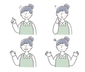 エプロンの女性のいろんな表情