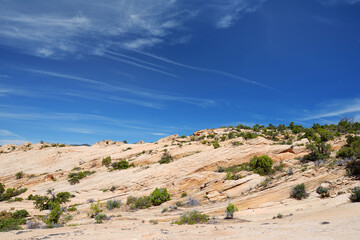 Scenic view of marvelous red and white sandstone formations of Yant Flat in Utah, USA