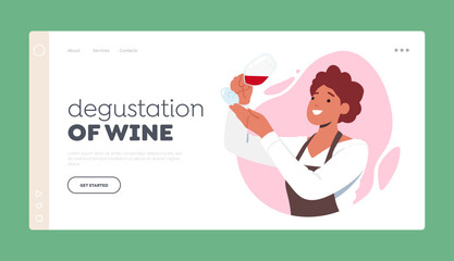 Wine Degustation Landing Page Template. Sommelier Female Character Tasting Wines Cartoon Vector Illustration