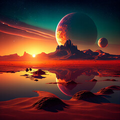 beautiful alien landscape with planets in the liquid sky on the ground mountains Generative AI

