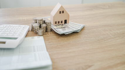 Close up of money stack coins and Dollar banknotes Saving money financial banking concept