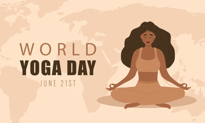 Fototapeta na wymiar World yoga day. Woman in lotus position meditating. June 21st. Banner, brochure and poster design. Vector illustration in flat cartoon style.