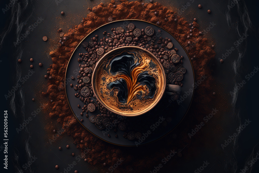 Poster delicious espresso with coffee beans steaming in a cup. view from the top. a gloomy background. gene