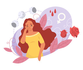 Sad girl with premenstrual period problem vector