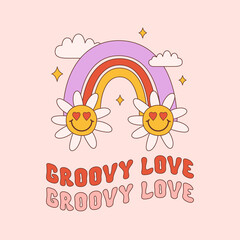Groovy Love romantic cute illustration with rainbow and smiling flowers on a pastel background. Retro vintage print in style 70s, 80s. Vector illustration