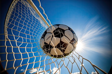 Soccer ball crashes into goalpost,blue sky, wide angle, Made by AI,Artificial intelligence