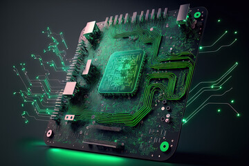 Fototapeta premium cyborg AI. the circuit board. technical knowledge CPU and GPU concepts for central computer processors. digital chip on the motherboard. background in tech and science. Generative AI