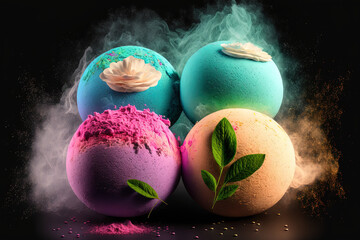 Natural bath bombs for body care collection. Concept of wellness and SPA. Generative AI
