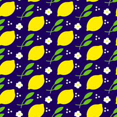 Pattern with lemon, leaves, flower chamomile and white dots. Modern natural minimalism background design. Vintage retro print.